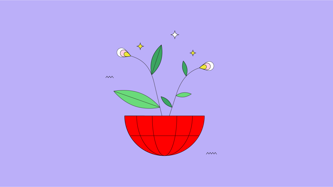 Minimalist illustration depicting a red-coloured hemisphere on a violet background with green leaves and delicate flowers emerging from it, symbolising green hosting and ecology