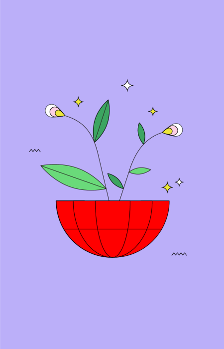 Minimalist illustration depicting a red-coloured hemisphere on a violet background with green leaves and delicate flowers emerging from it, symbolising green hosting and ecology